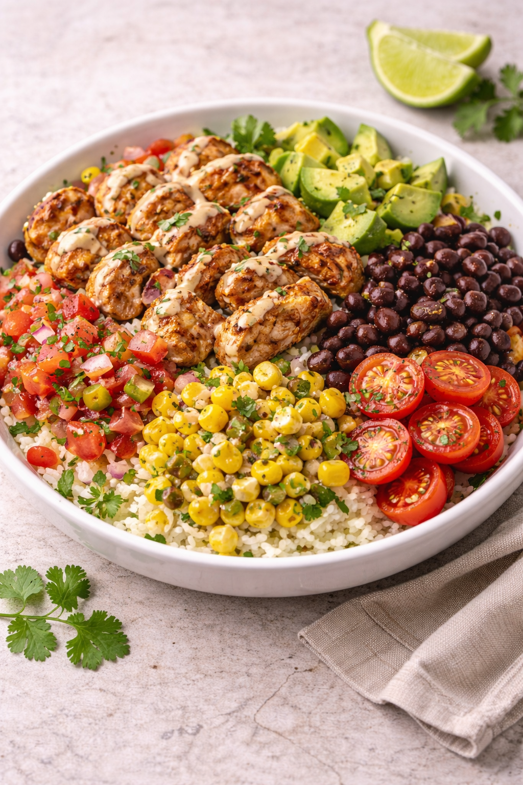 Chicken burrito bowl with fresh toppings