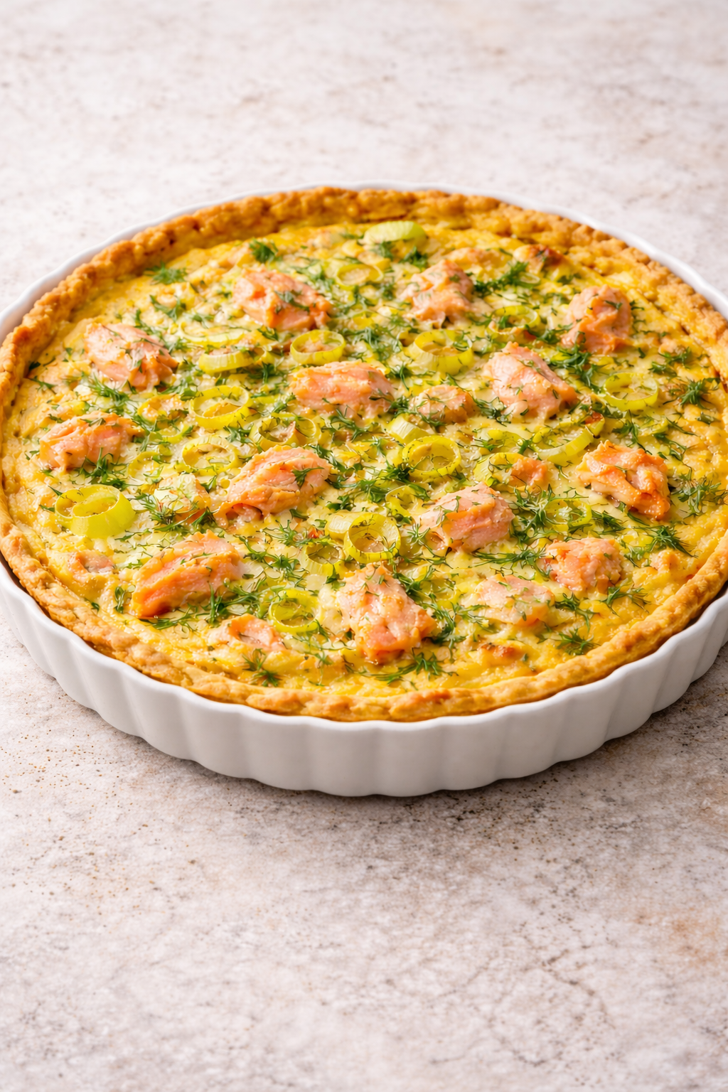 Fresh leek and salmon quiche