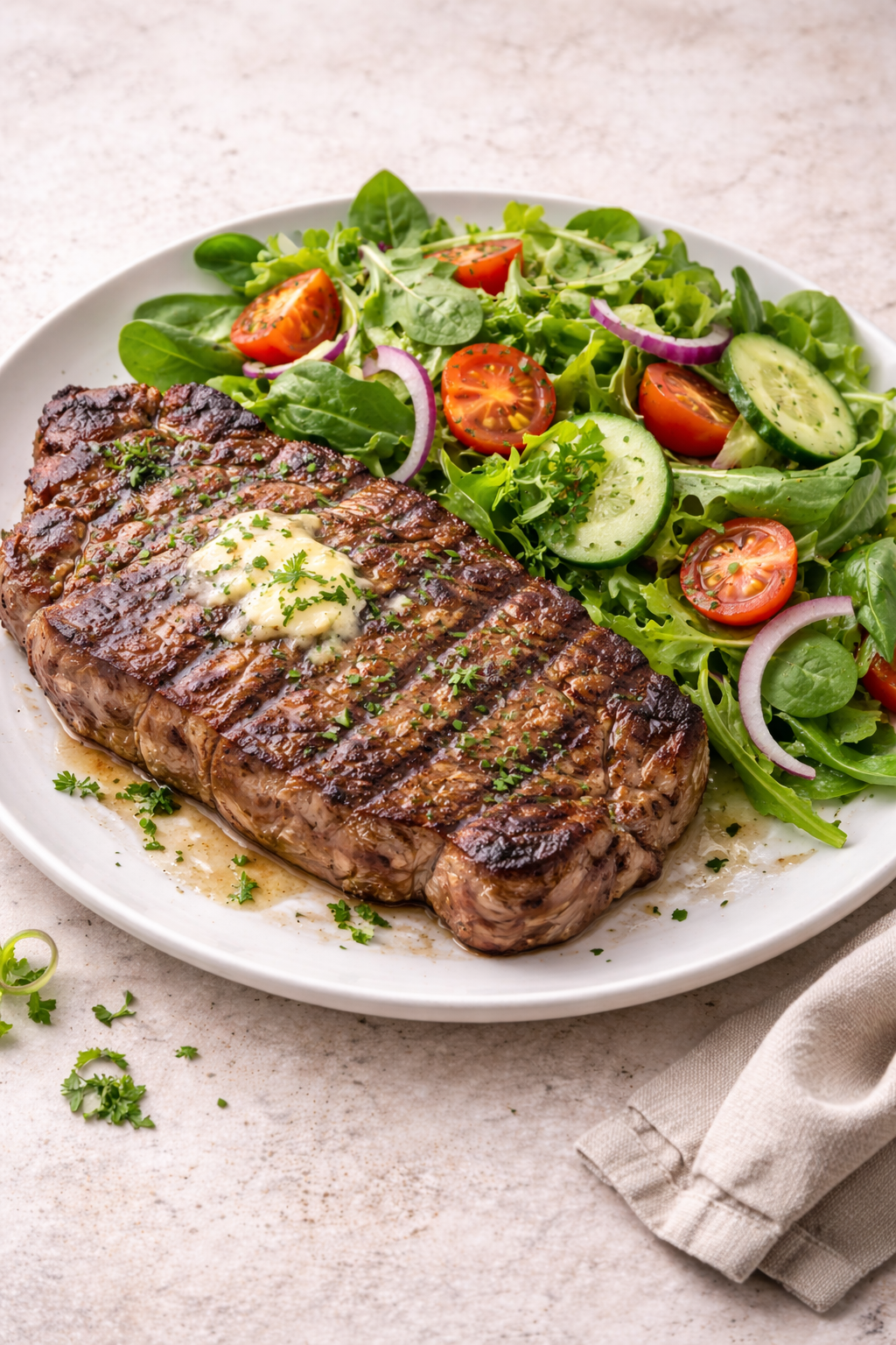 Grilled ribeye steak with fresh salad